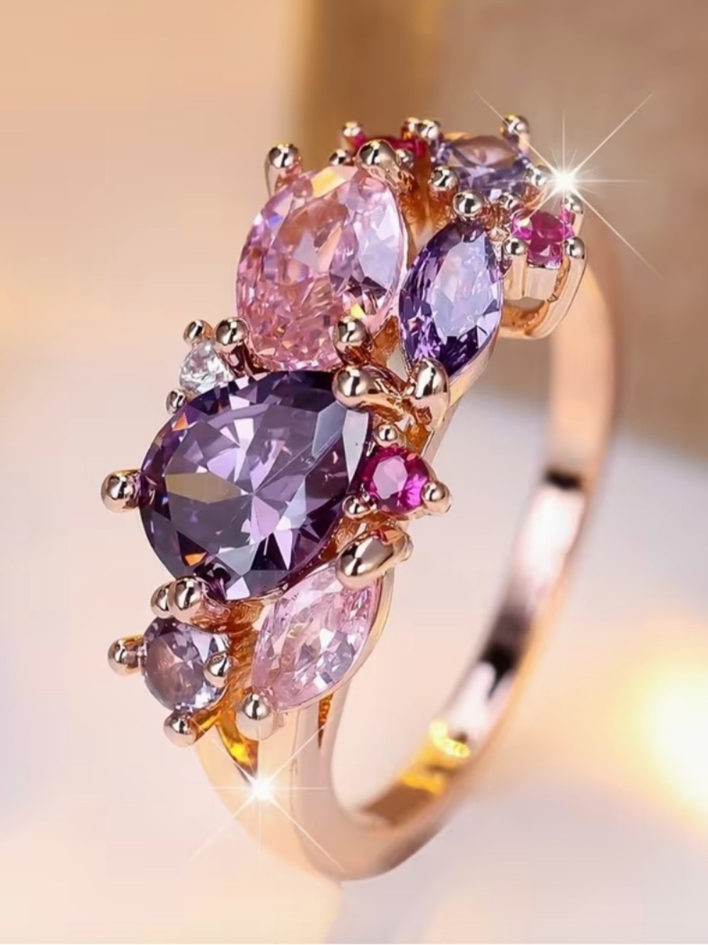 Elegant & Luxurious Floral Rainbow Synthetic Zirconia Ring. - Picture 3 of 5
